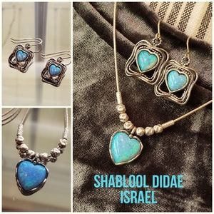 Shablool Sterling Silver Fire Blue Opal Heart Necklace & Earrings Set